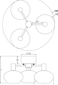 BELL Plafond 3-arm 42cm Svart/Opalvit