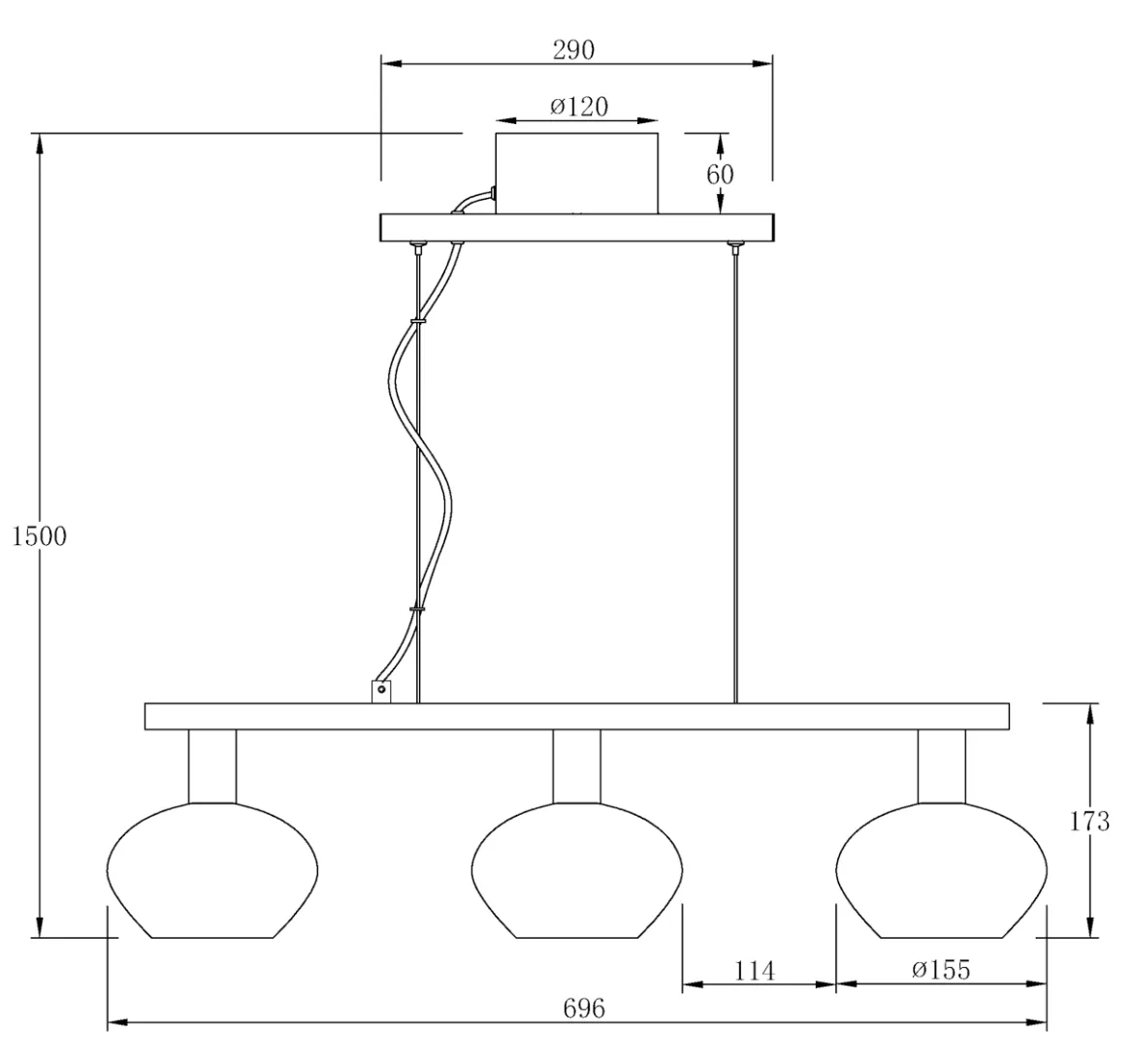BELL Taklampa 3:a Rak 70cm Matt Mässing/Rök
