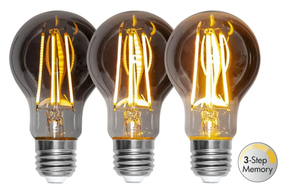 E27 Normal 3-Steg Dimbar Minne SoftGlow 3.9W 2200K 260lm Rökfärgad