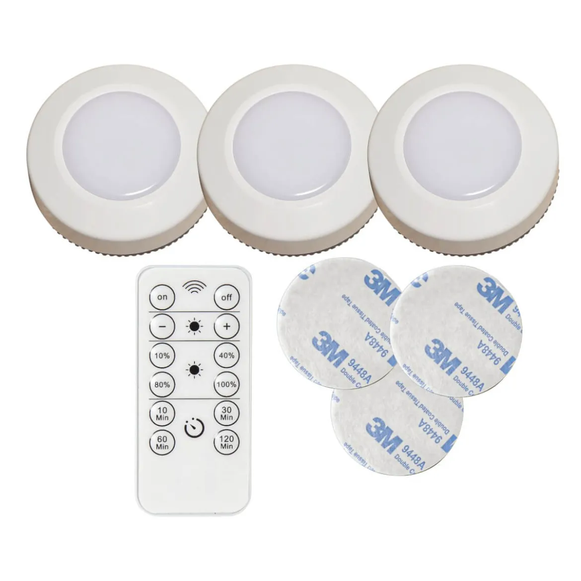 FUNCTIONAL LED-Puck Batteri Fjärrkontroll 3-pack 6,9cm Vit